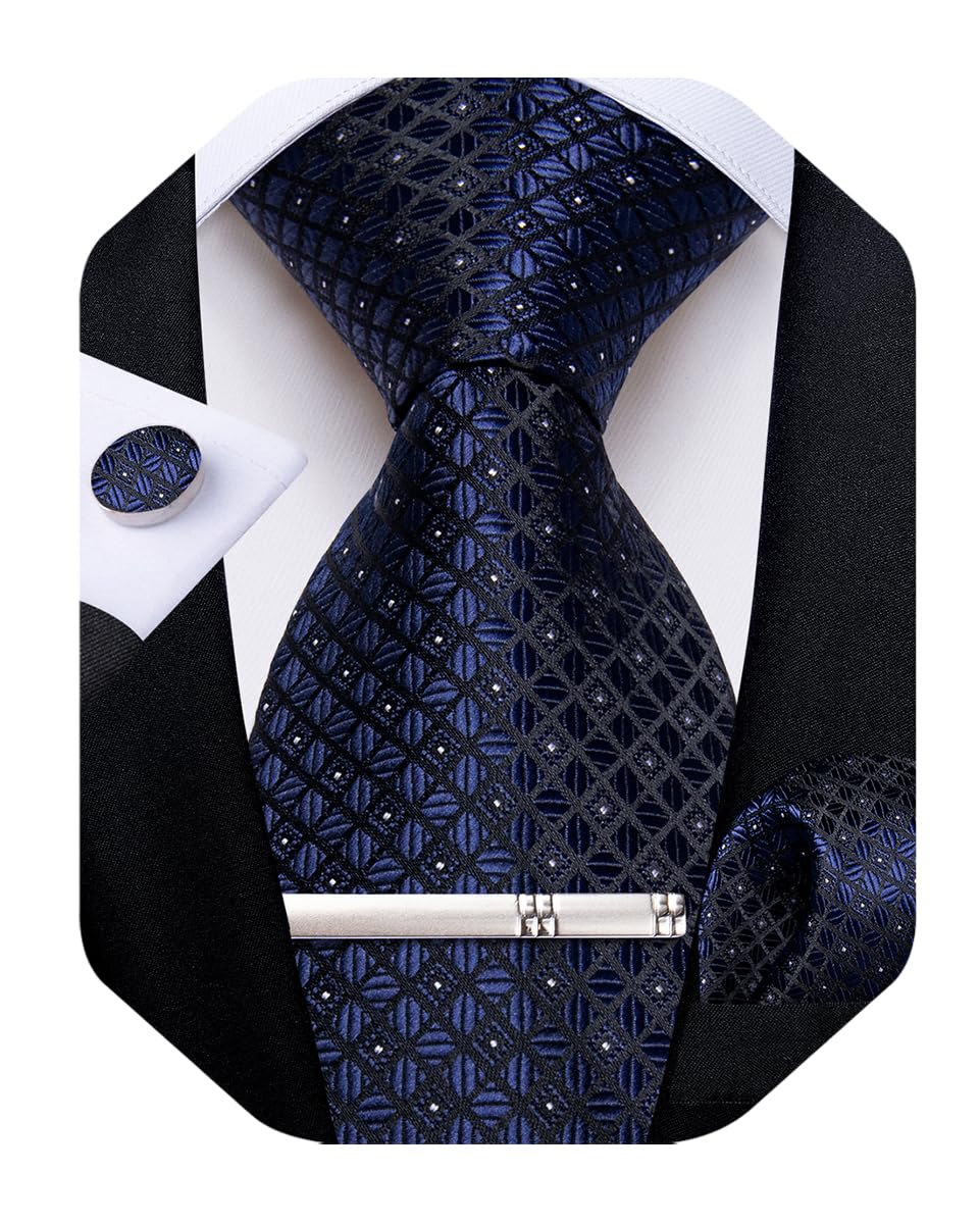 Silk Ties for Men Formal Plaid Check Necktie and Pocket Square Cufflinks Tie Clip Set Wedding Necktie with Gift Box