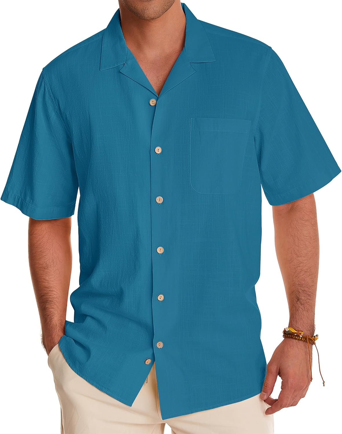 Alimens & Gentle Cuban Linen Shirts for Men Short Sleeve Button Down Shirt Cotton Summer Beach Camp Vacation Hawaiian Shirts