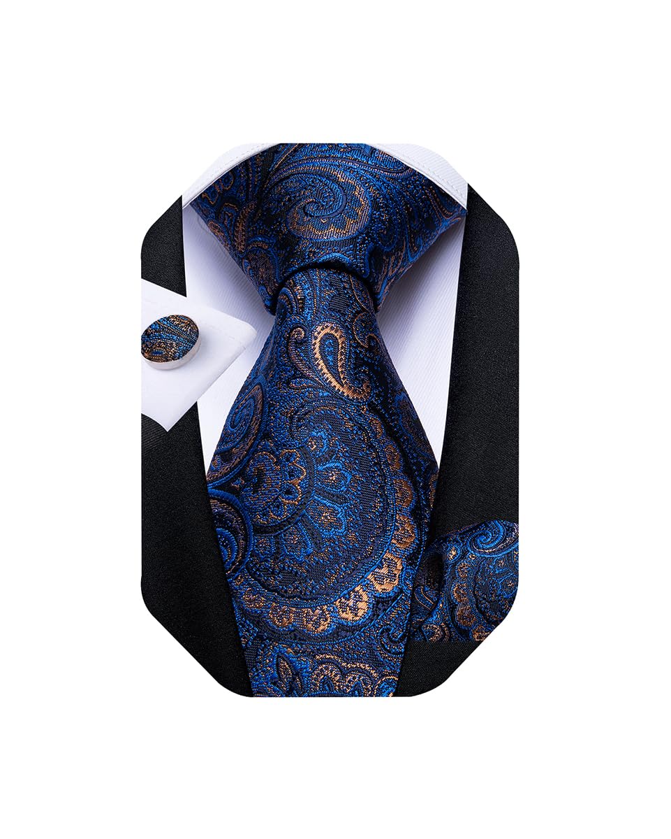 Extra Long Tie for Men Silk 63 inches XL Necktie and Pocket Suqare Cufflinks Set Mens Big and Tall Tie Wedding Party