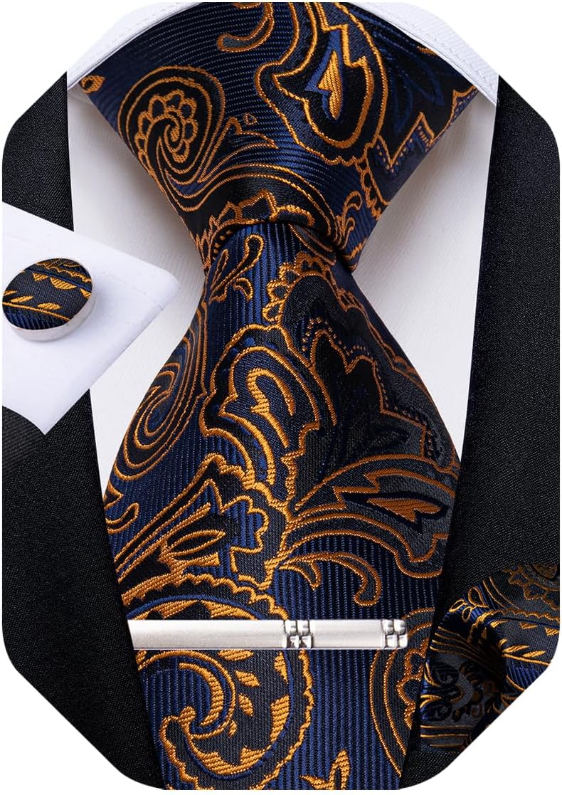 Paisley Ties for Men Silk Necktie and Pocket Square Cufflinks Tie Clip Set Woven Classic Mens Tie for Wedding Party