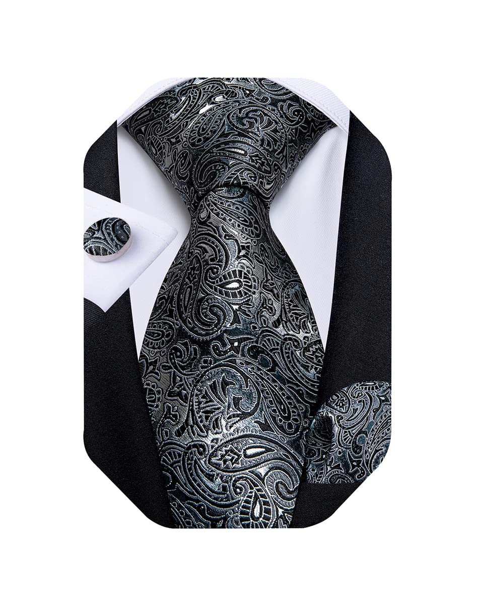 Mens Tie Set Silk Solid Paisley Necktie and Pocket Square Cufflinks Classic Formal Ties for Men Wedding Party