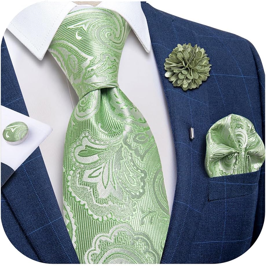 Silk Ties for Men Necktie and Lapel Pin Brooch Set Formal Woven Paisley Plaid Striped Solid Tie Wedding Party