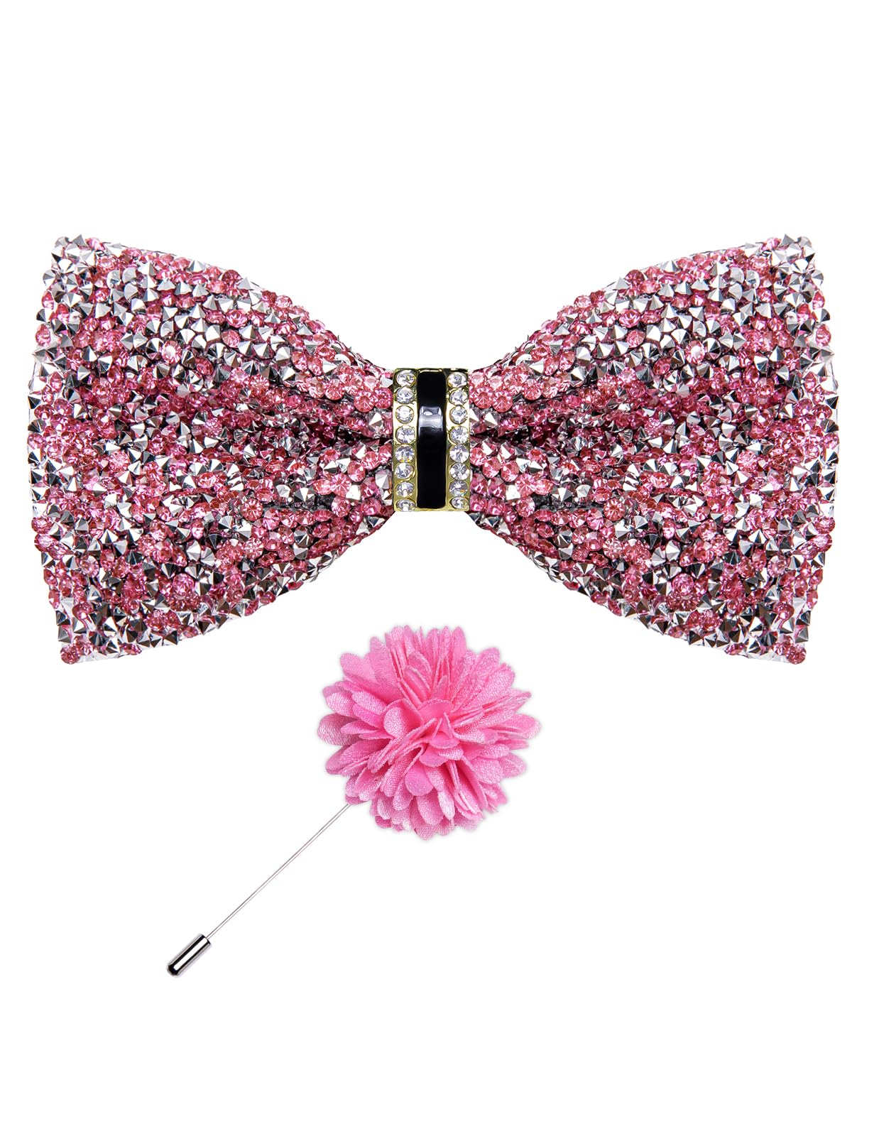 Rhinestone Bow Ties for Men Adjustable Sequin Diamond Pre-tied Bowtie with Ring and Lapel Pin Set for Wedding Party