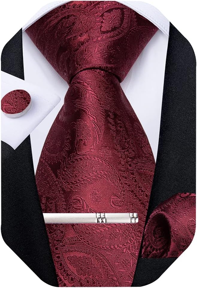 Paisley Ties for Men Silk Necktie and Pocket Square Cufflinks Tie Clip Set Woven Classic Mens Tie for Wedding Party
