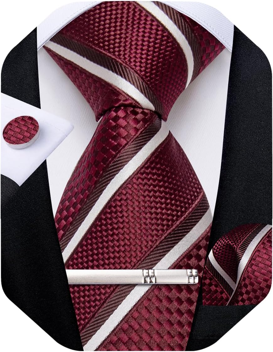 Mens Tie Silk Plaid Striped Necktie and Pocket Square Cufflinks Tie Clip Set with Gift Box Formal Wedding Party