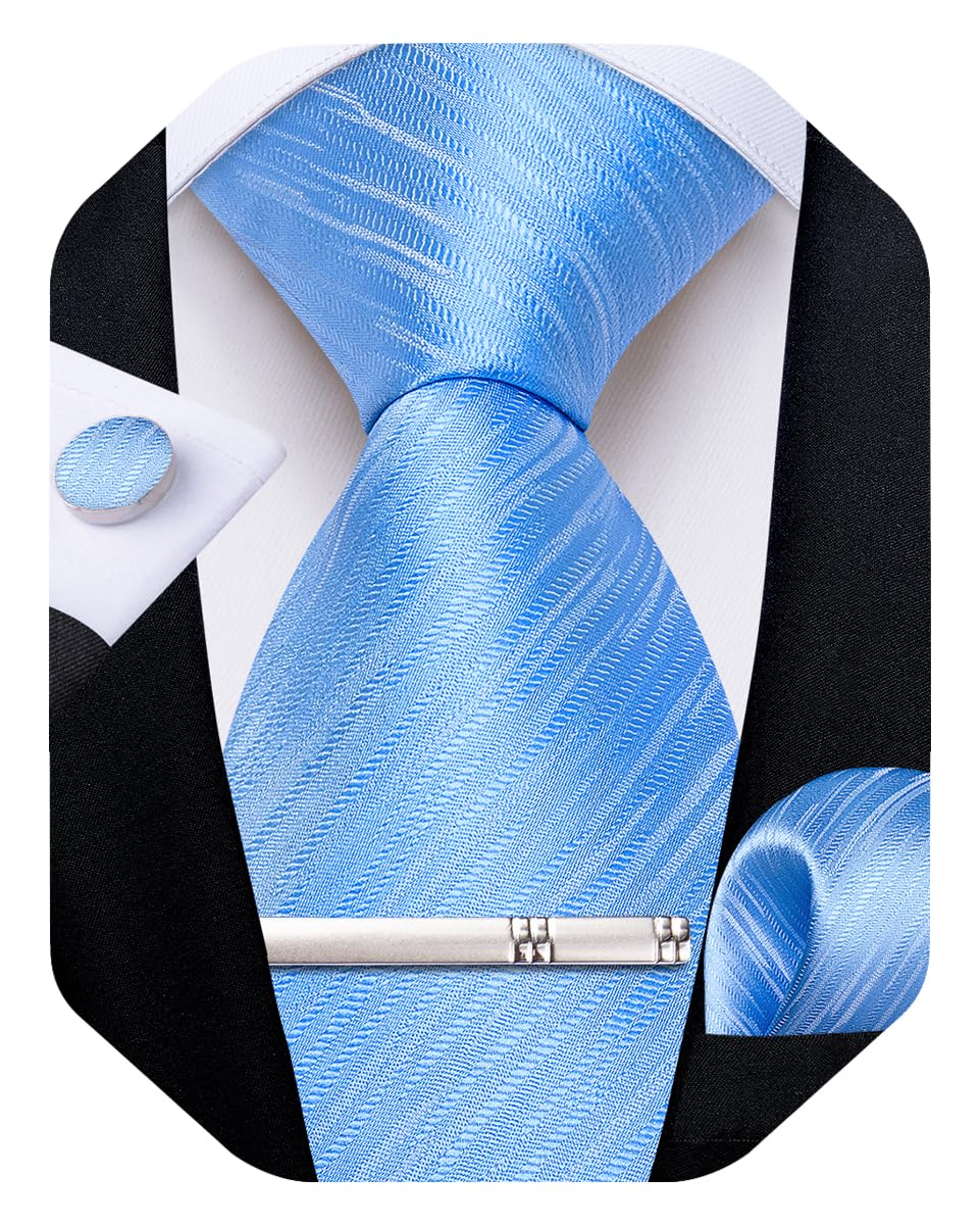 Mens Silk Necktie Solid Color Tie and Pocket Square Cufflink Tie Clip Set Woven Plain Ties for Men Wedding Party