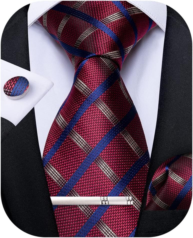Plaid Ties for Men Silk Checkered Necktie and Pocket Square Cufflinks Tie Clip Set with Gift Box for Wedding Business