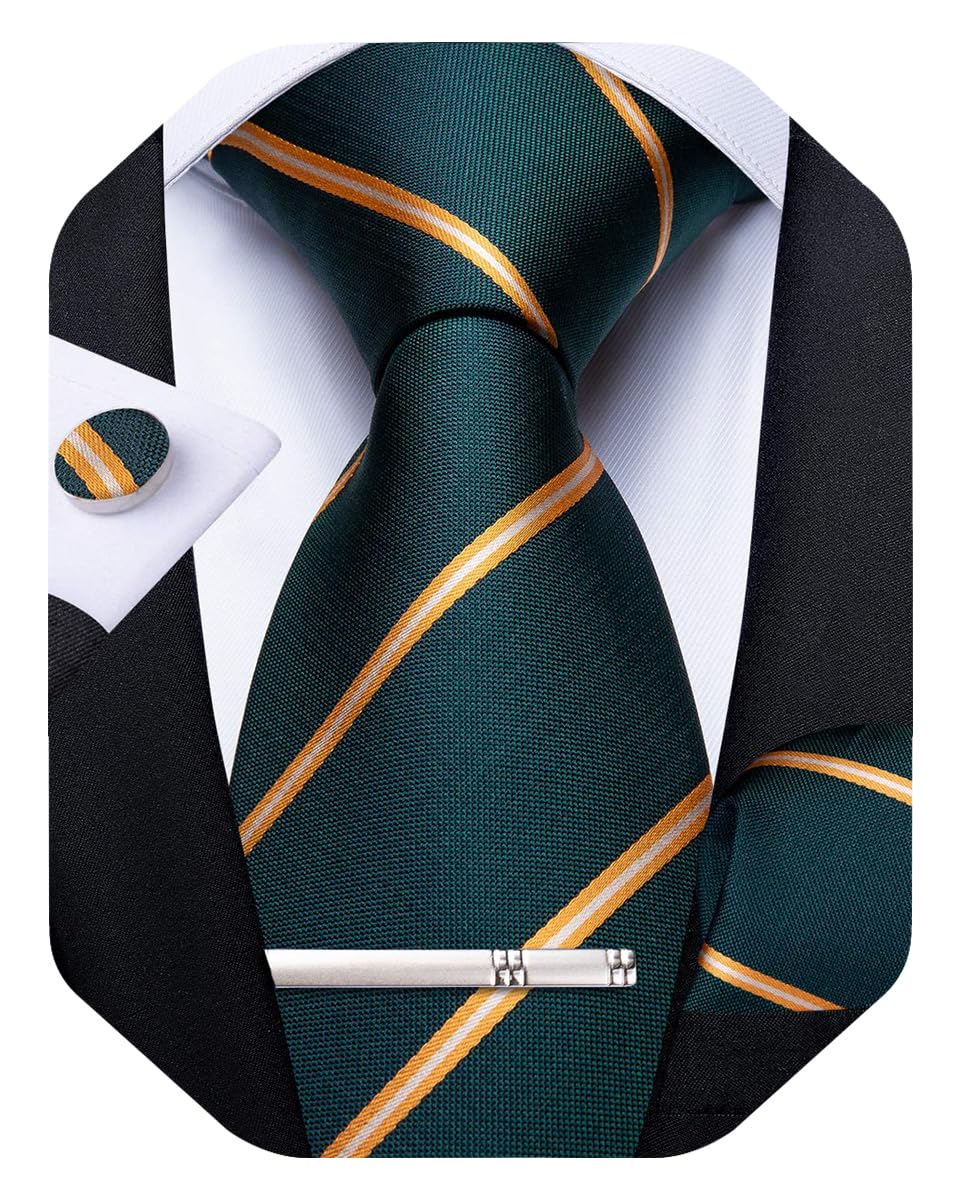 Mens Striped Tie Silk Woven Necktie and Pocket Square Cufflinks Tie Clip Set Wedding Business Formal Gift Tie for Men