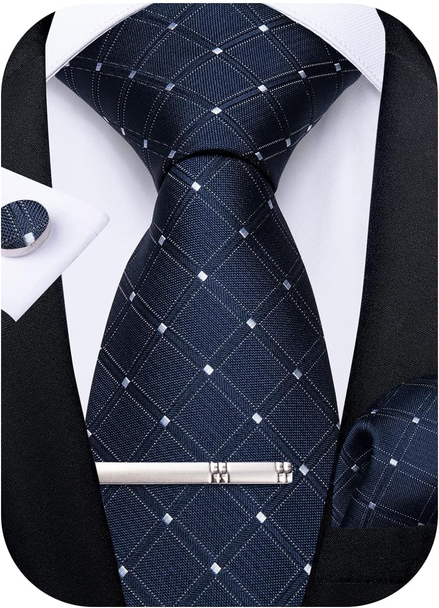 Plaid Ties for Men Silk Checkered Necktie and Pocket Square Cufflinks Tie Clip Set with Gift Box for Wedding Business