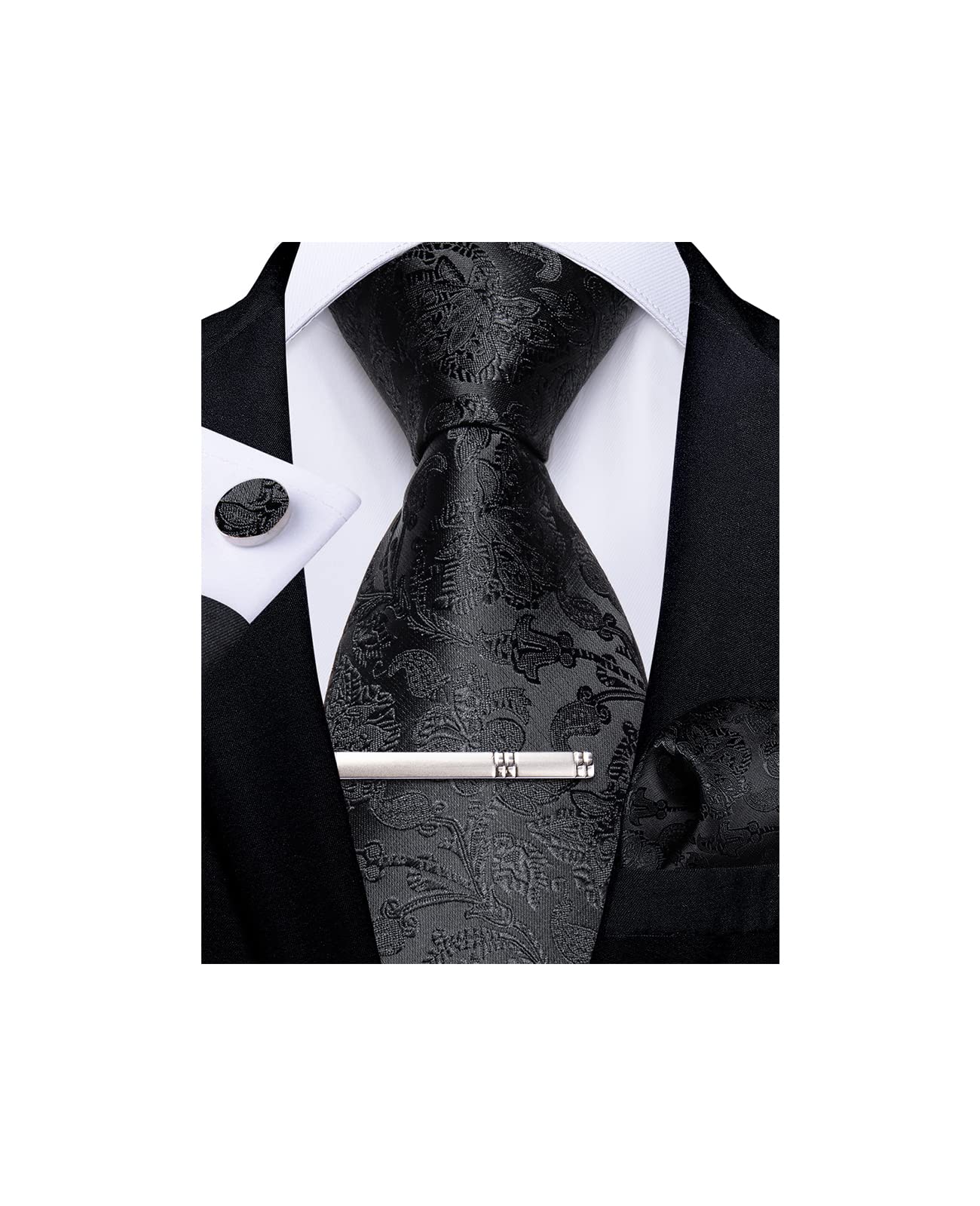 Silk Floral Ties for Men Woven Paisley Necktie and Tie Clip Handkerchief Cufflinks Set for Party Wedding