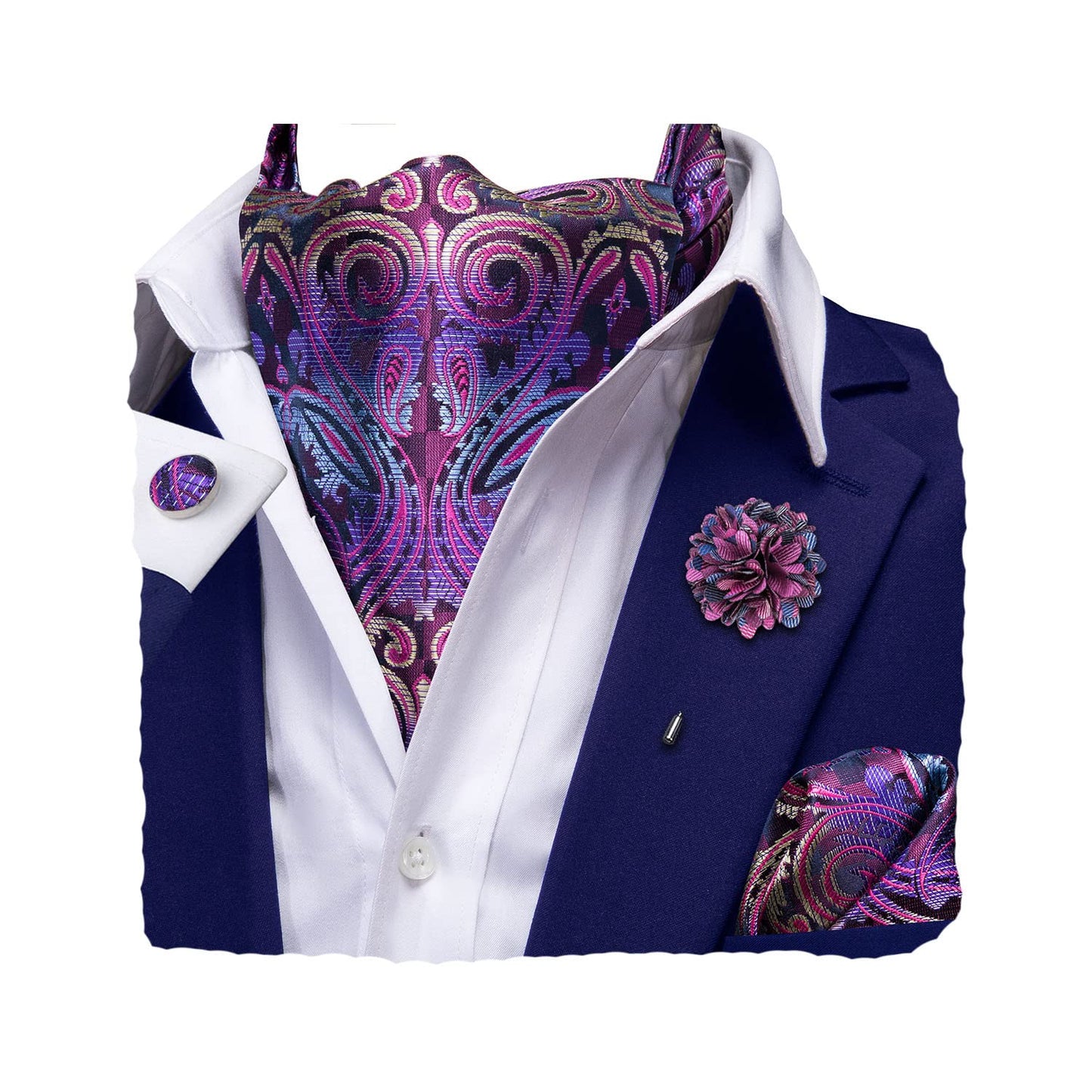Silk Ascot for Men Self Tie Men's Cravat and Flower Lapel Pin Handkerchief Cufflinks Set for Wedding Party
