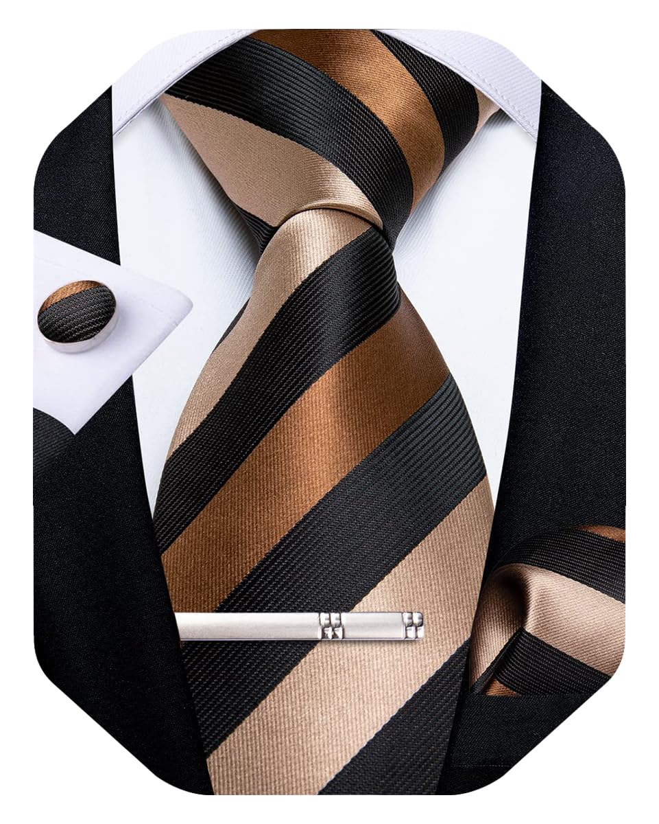 Mens Striped Tie Silk Woven Necktie and Pocket Square Cufflinks Tie Clip Set Wedding Business Formal Gift Tie for Men