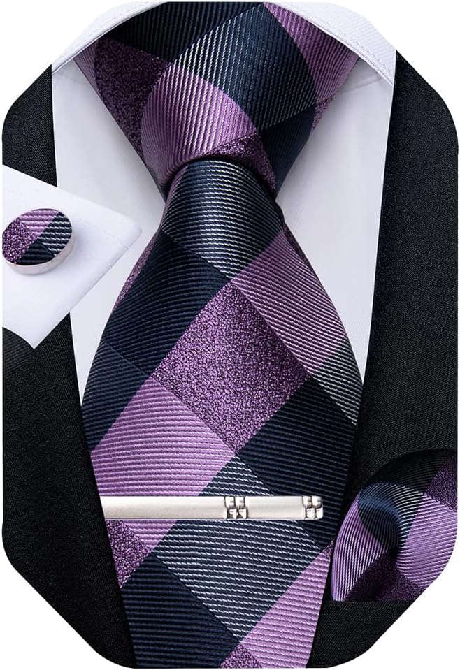 Plaid Ties for Men Silk Checkered Necktie and Pocket Square Cufflinks Tie Clip Set with Gift Box for Wedding Business