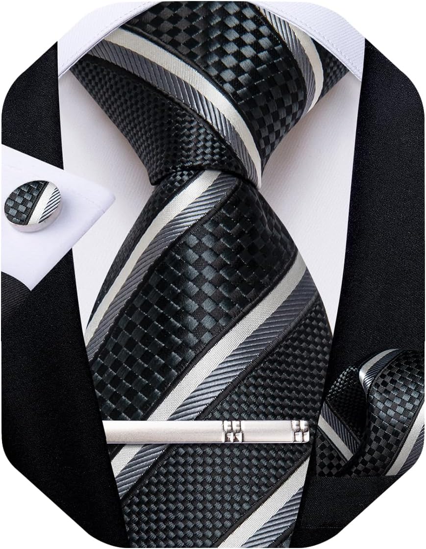 Mens Tie Silk Plaid Striped Necktie and Pocket Square Cufflinks Tie Clip Set with Gift Box Formal Wedding Party