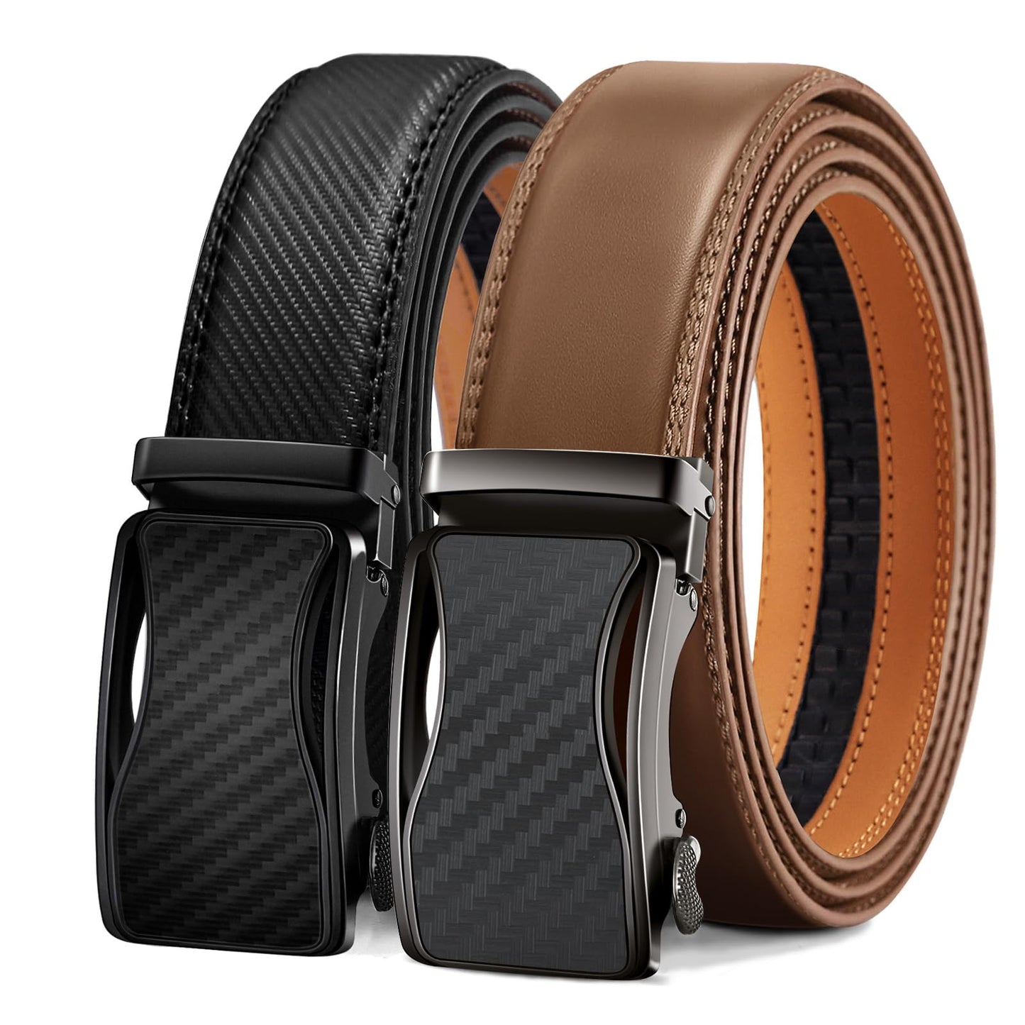 KEMISANT Mens Ratchet Belt 2 Units,Sliding Belt For Gift Mens Dress Casual 1 3/8",Size Adjustable