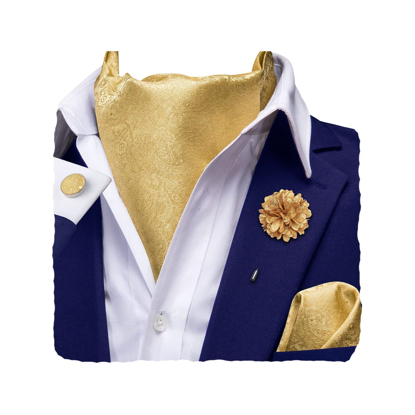 Silk Ascot for Men Self Tie Men's Cravat and Flower Lapel Pin Handkerchief Cufflinks Set for Wedding Party