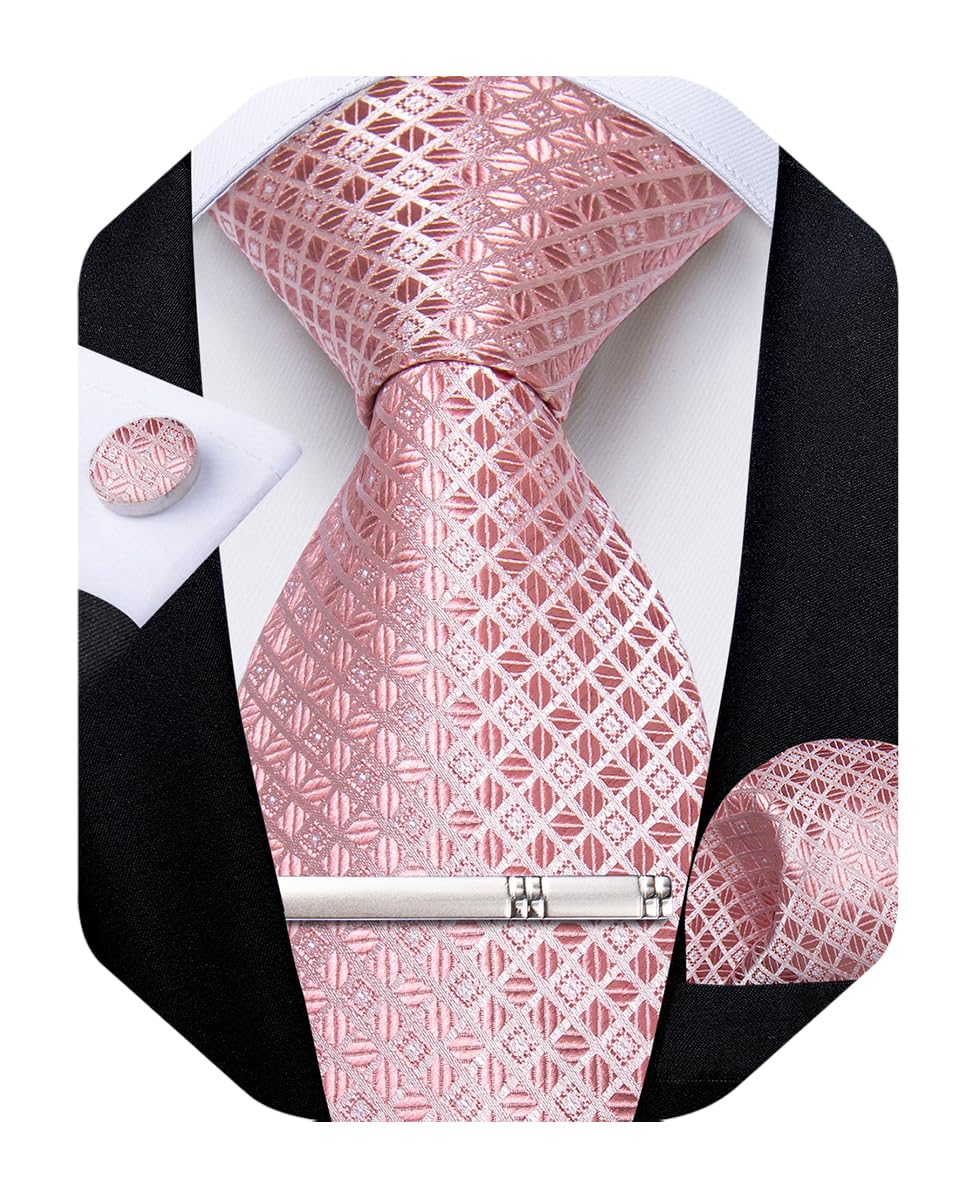 Silk Ties for Men Formal Plaid Check Necktie and Pocket Square Cufflinks Tie Clip Set Wedding Necktie with Gift Box