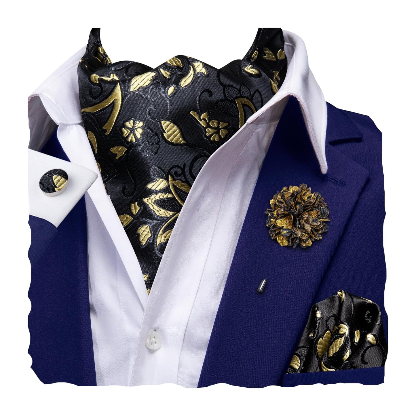 Ascot for Men Silk Cravat Handkerchief Cufflinks Lapel Pin Scarf Tie Sets Wedding Party Formal