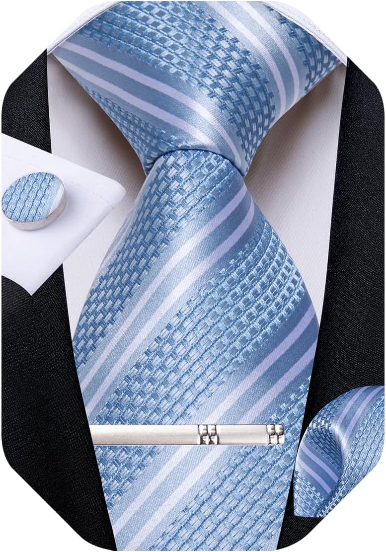 Mens Tie Silk Plaid Striped Necktie and Pocket Square Cufflinks Tie Clip Set with Gift Box Formal Wedding Party