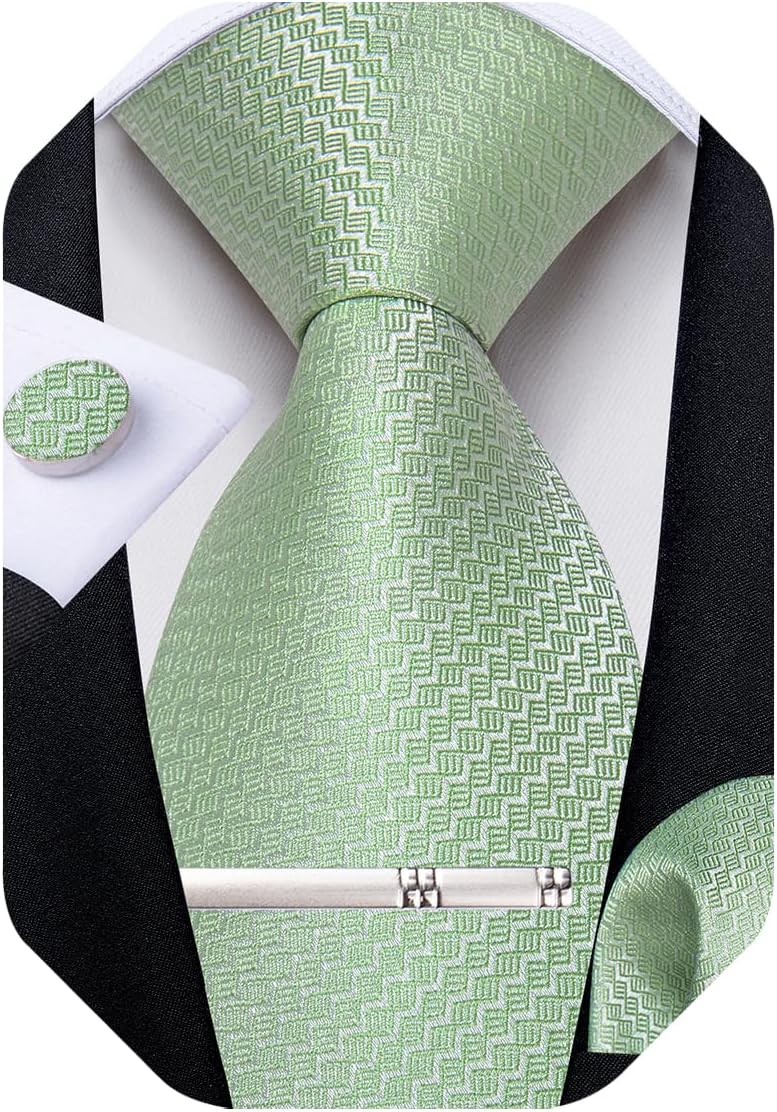 Mens Tie Silk Plaid Striped Necktie and Pocket Square Cufflinks Tie Clip Set with Gift Box Formal Wedding Party