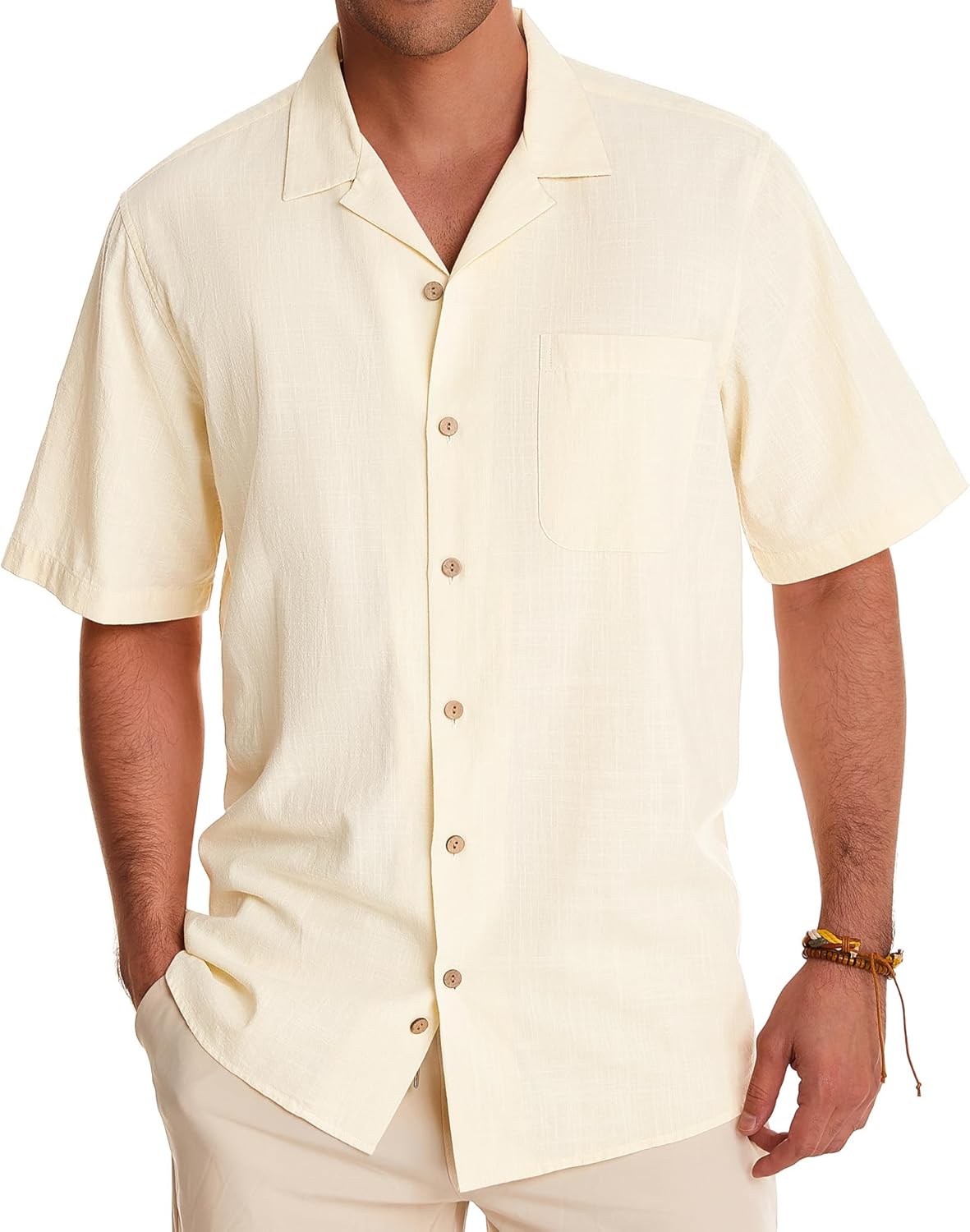 Alimens & Gentle Cuban Linen Shirts for Men Short Sleeve Button Down Shirt Cotton Summer Beach Camp Vacation Hawaiian Shirts