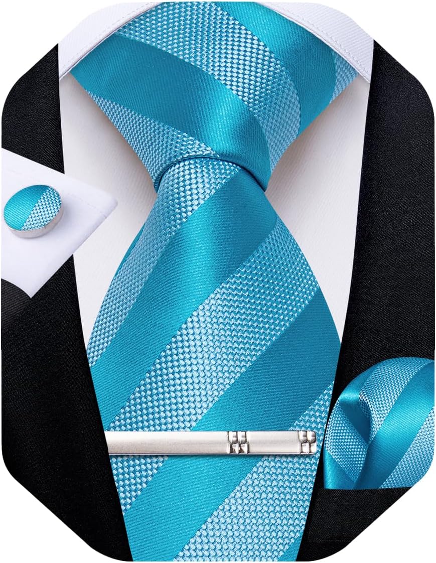 Mens Tie Silk Plaid Striped Necktie and Pocket Square Cufflinks Tie Clip Set with Gift Box Formal Wedding Party