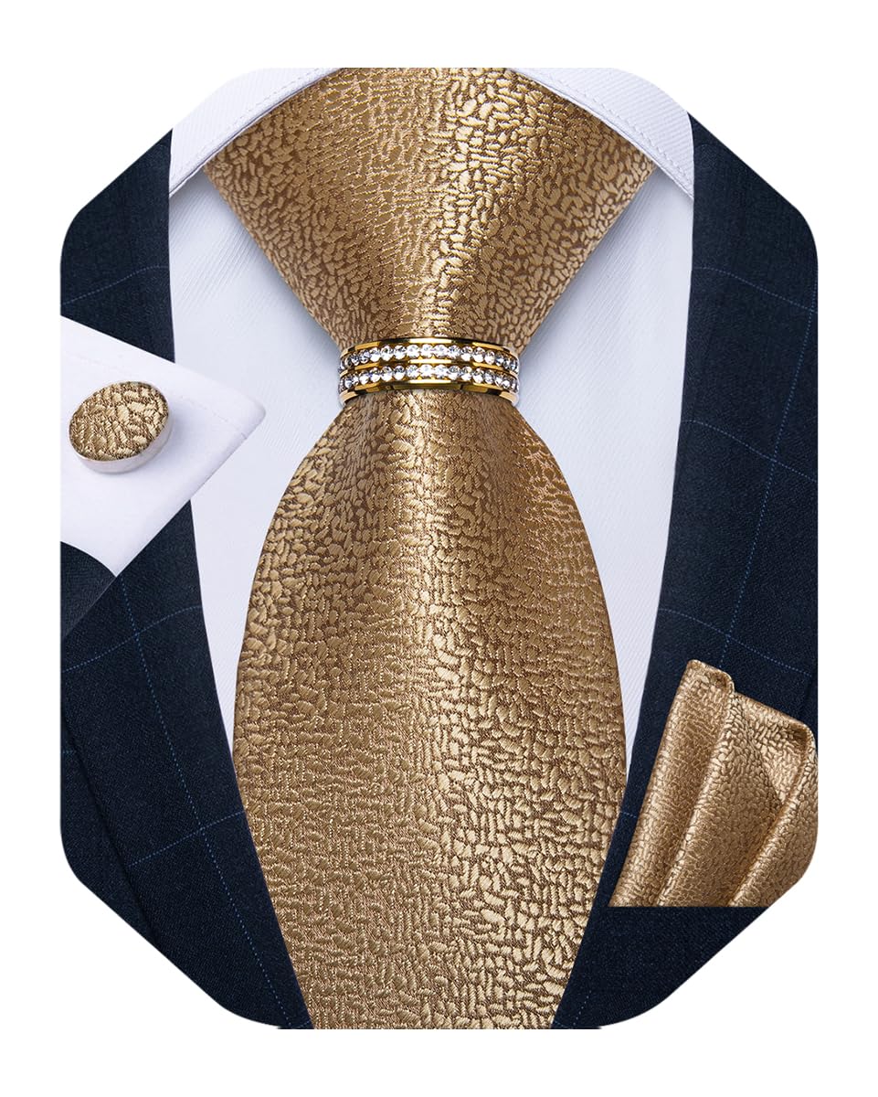 Mens Tie Set Silk Necktie and Gold Tie Ring Pocket Square Cufflinks Formal Business Wedding Ties with Gift Box