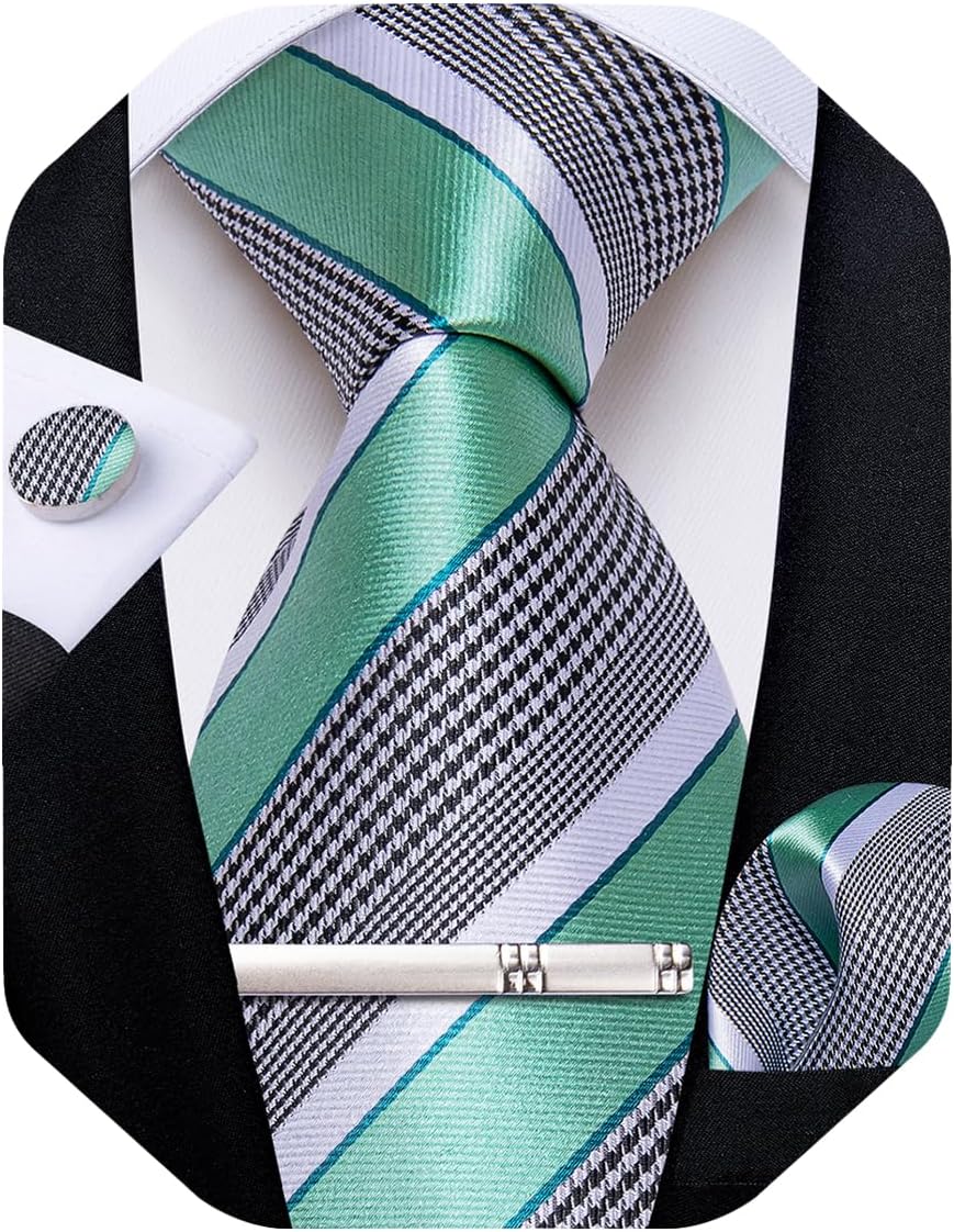 Mens Tie Silk Plaid Striped Necktie and Pocket Square Cufflinks Tie Clip Set with Gift Box Formal Wedding Party