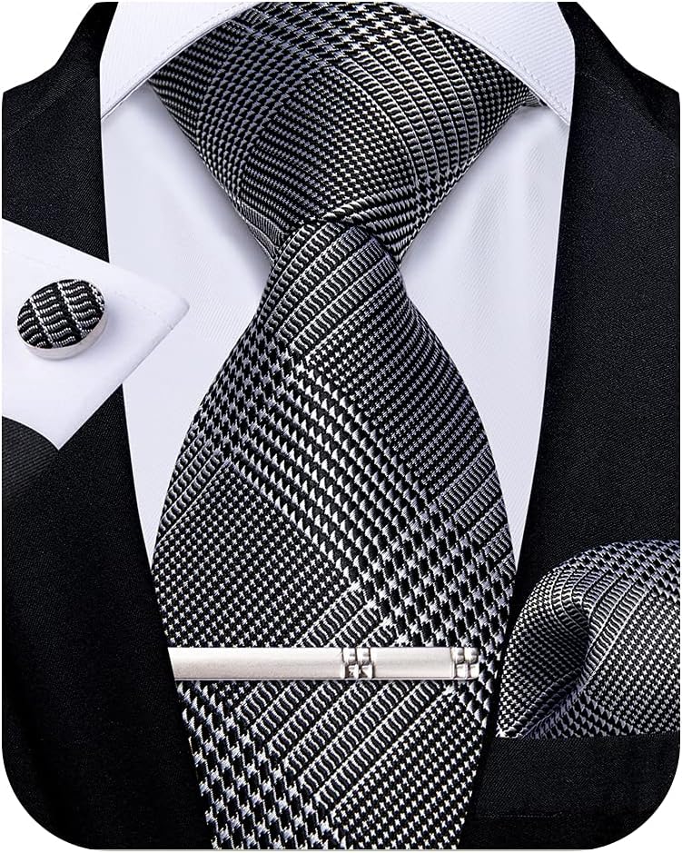 Plaid Ties for Men Silk Checkered Necktie and Pocket Square Cufflinks Tie Clip Set with Gift Box for Wedding Business