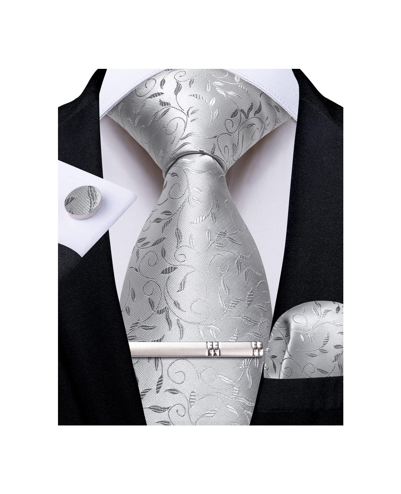Silk Floral Ties for Men Woven Paisley Necktie and Tie Clip Handkerchief Cufflinks Set for Party Wedding