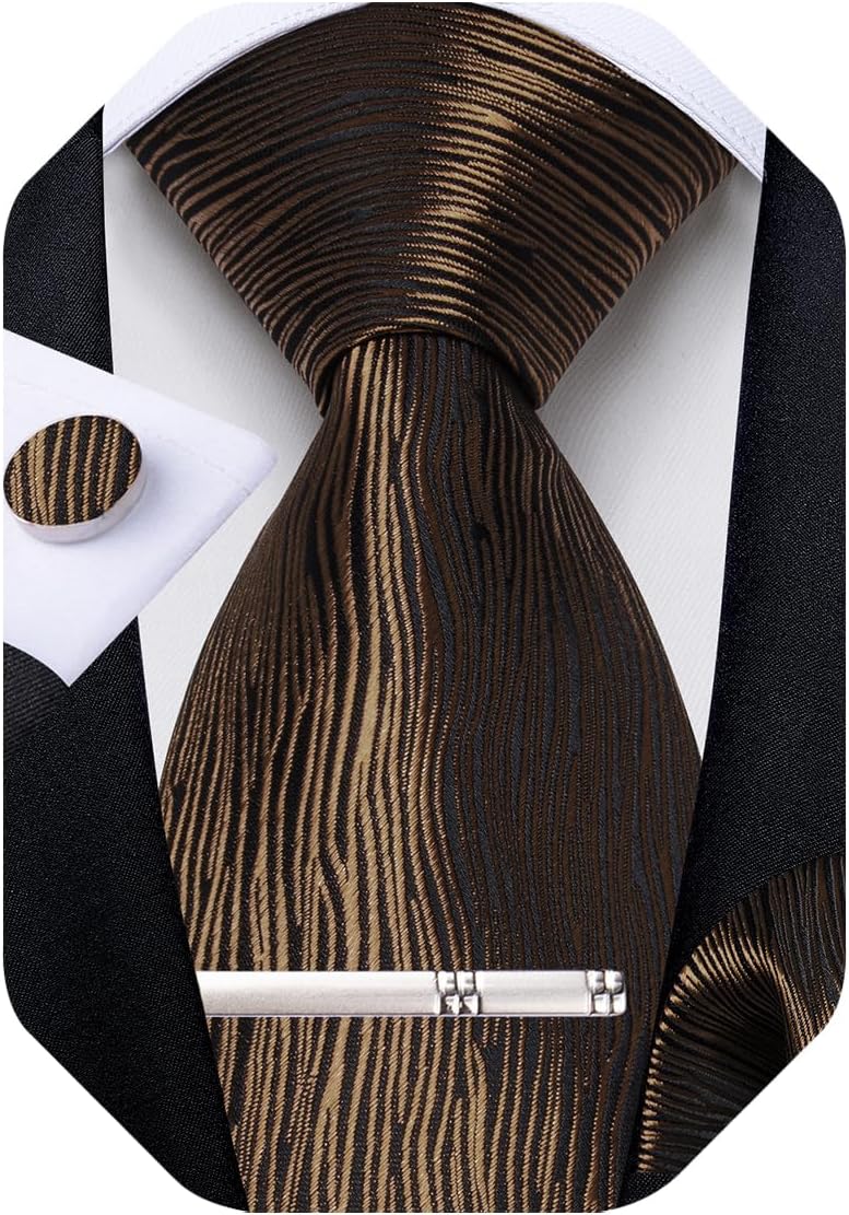 Mens Tie Silk Plaid Striped Necktie and Pocket Square Cufflinks Tie Clip Set with Gift Box Formal Wedding Party