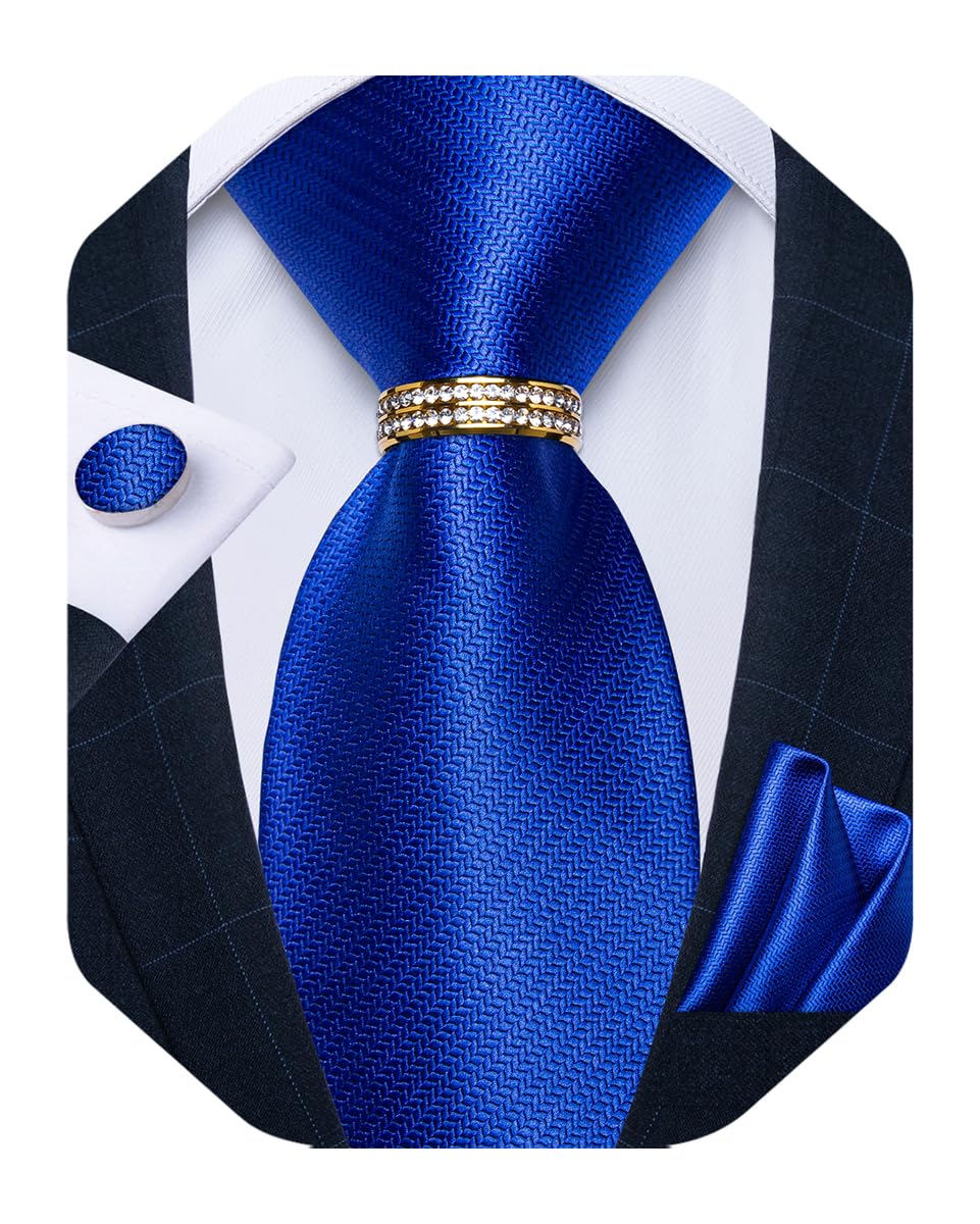 Mens Tie Set Silk Necktie and Gold Tie Ring Pocket Square Cufflinks Formal Business Wedding Ties with Gift Box