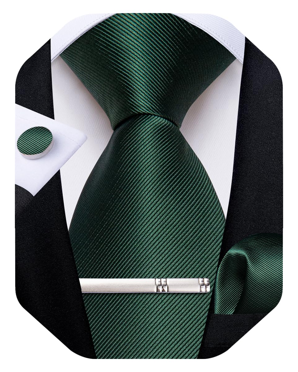 Mens Silk Necktie Solid Color Tie and Pocket Square Cufflink Tie Clip Set Woven Plain Ties for Men Wedding Party