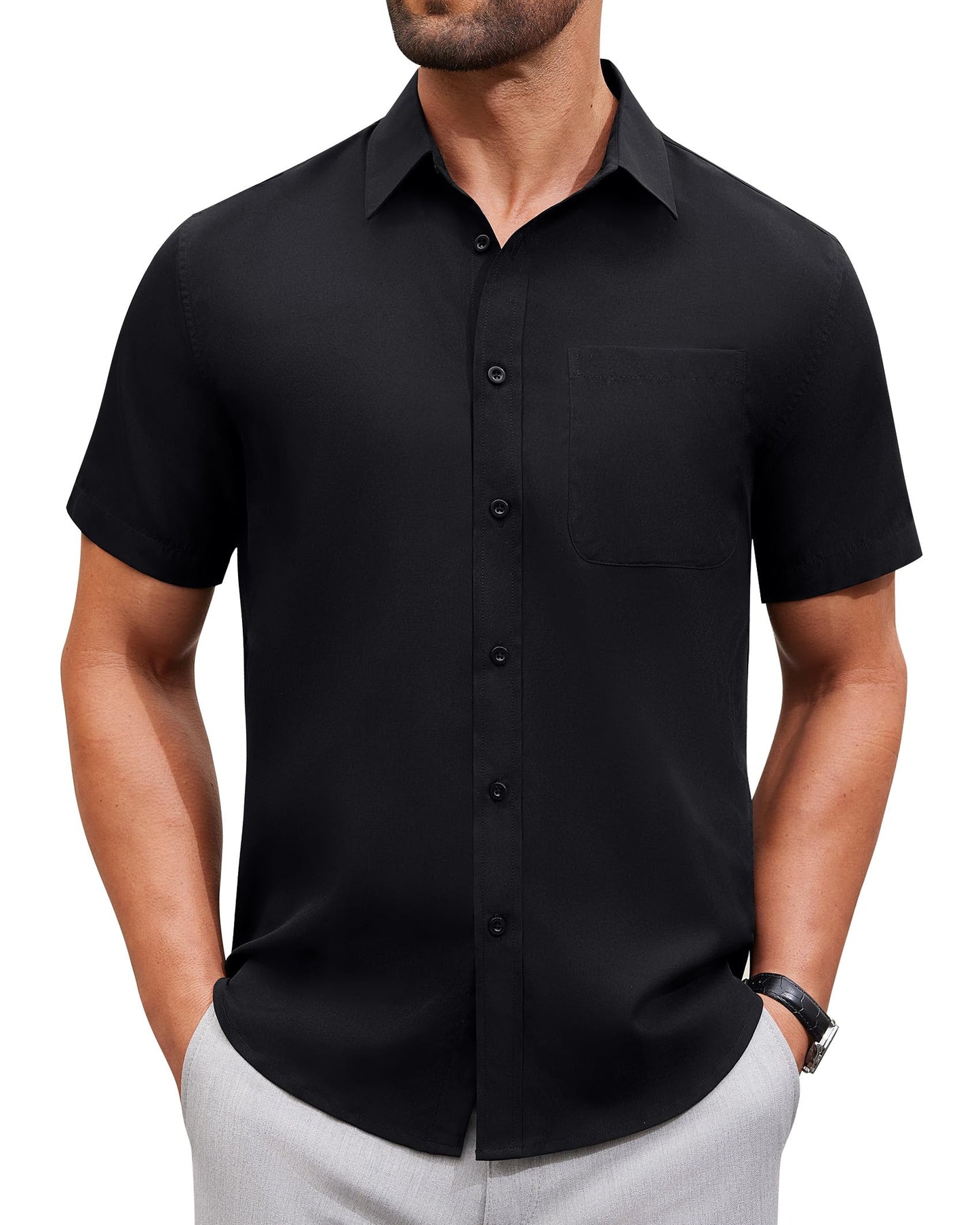 Alimens & Gentle Mens Short Sleeve Dress Shirt Wrinkle Free Solid Casual Button Down Shirts for Summer Business Wedding