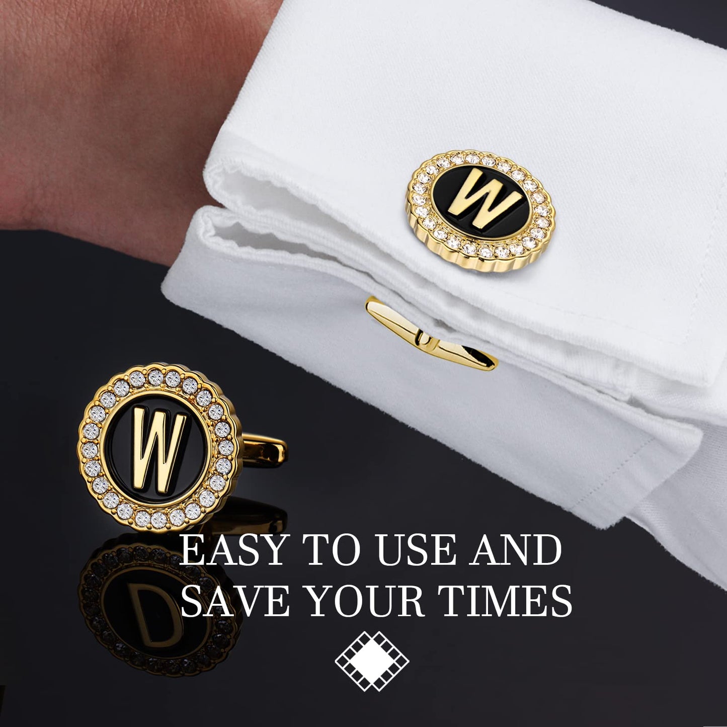 18K Gold Tone Initial Cufflinks for Men with Tuxedo Studs