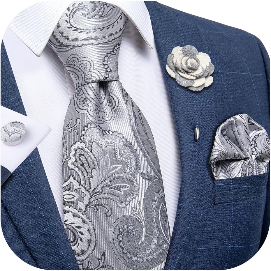 Silk Ties for Men Necktie and Lapel Pin Brooch Set Formal Woven Paisley Plaid Striped Solid Tie Wedding Party