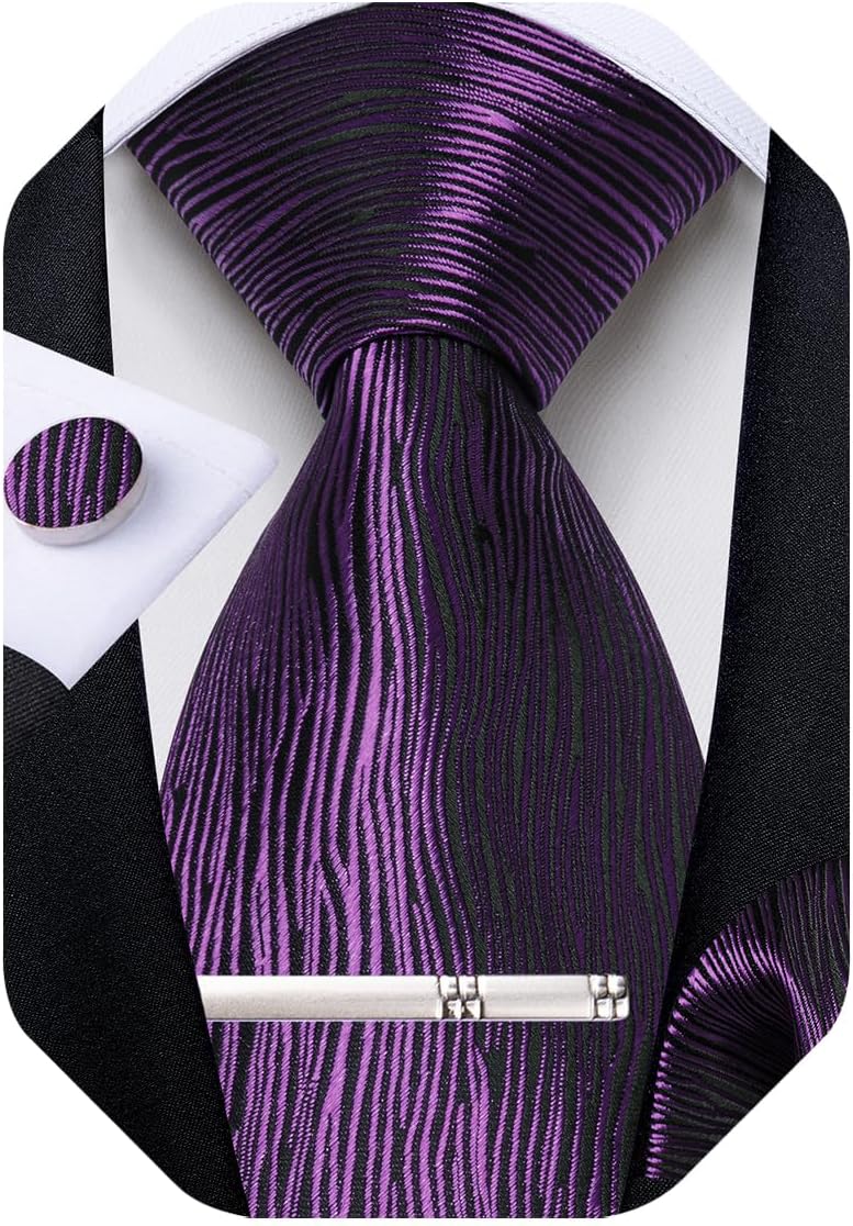 Mens Tie Silk Plaid Striped Necktie and Pocket Square Cufflinks Tie Clip Set with Gift Box Formal Wedding Party