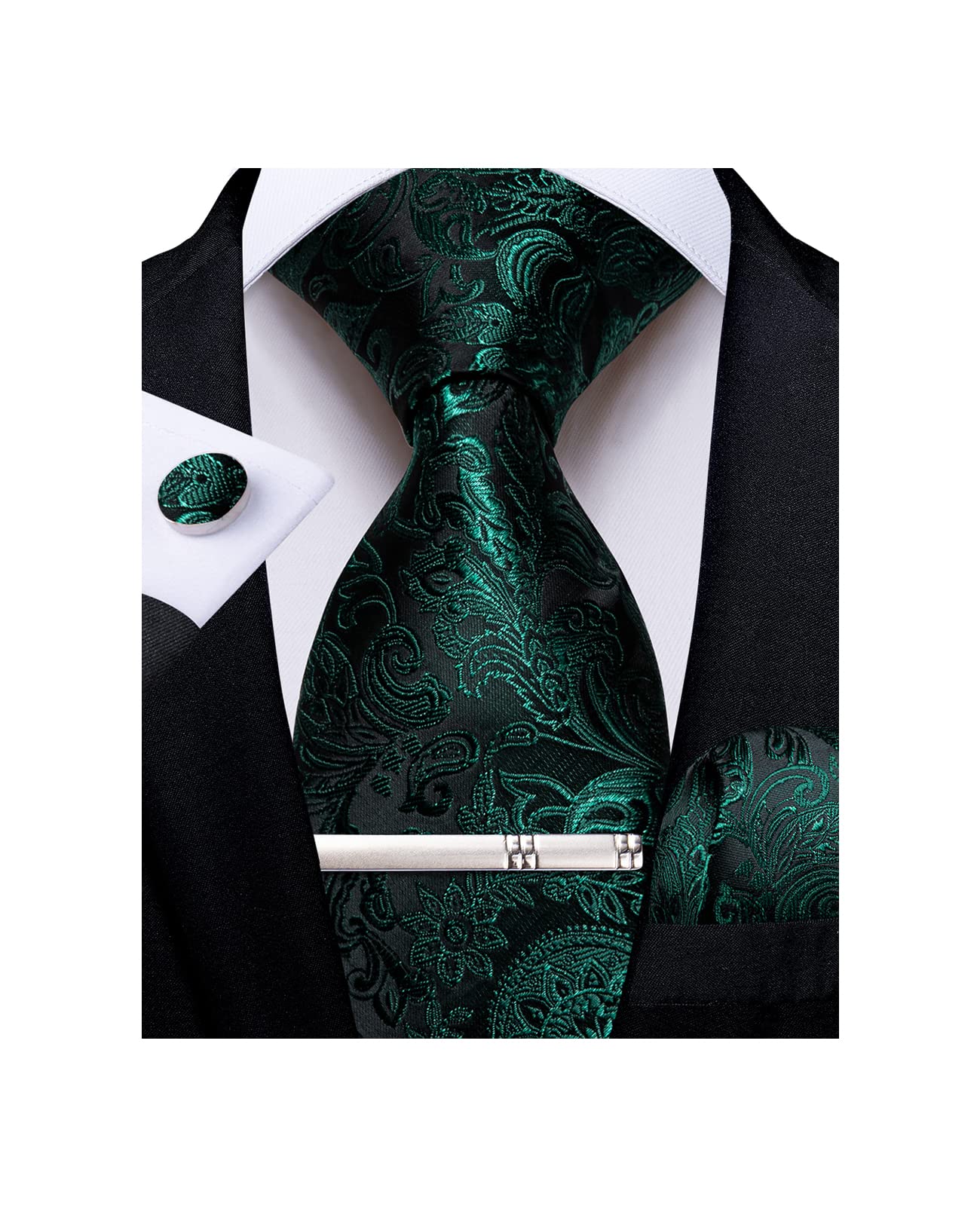 Silk Floral Ties for Men Woven Paisley Necktie and Tie Clip Handkerchief Cufflinks Set for Party Wedding