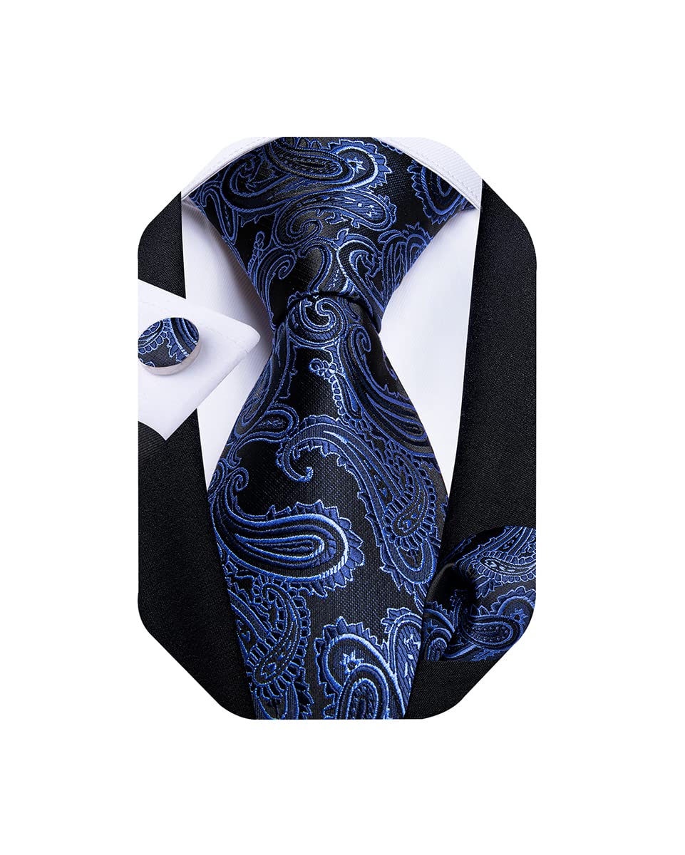 Mens Tie Set Silk Solid Paisley Necktie and Pocket Square Cufflinks Classic Formal Ties for Men Wedding Party