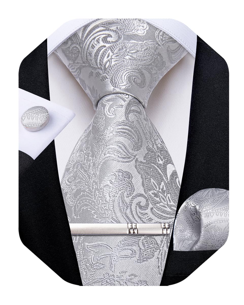 Silk Floral Ties for Men Woven Paisley Necktie and Tie Clip Handkerchief Cufflinks Set for Party Wedding