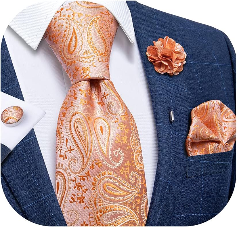 Silk Ties for Men Necktie and Lapel Pin Brooch Set Formal Woven Paisley Plaid Striped Solid Tie Wedding Party