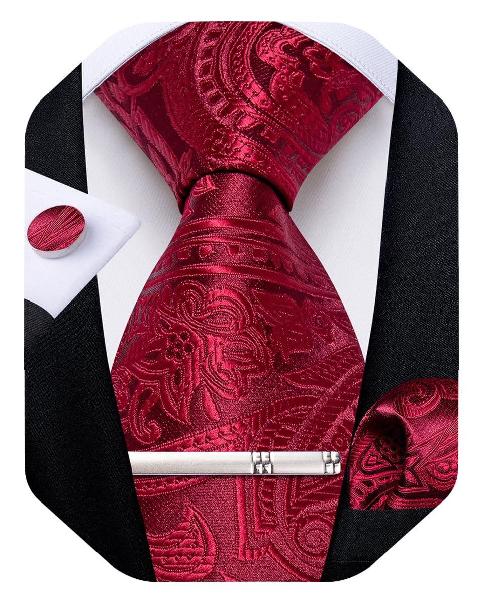 Silk Floral Ties for Men Woven Paisley Necktie and Tie Clip Handkerchief Cufflinks Set for Party Wedding