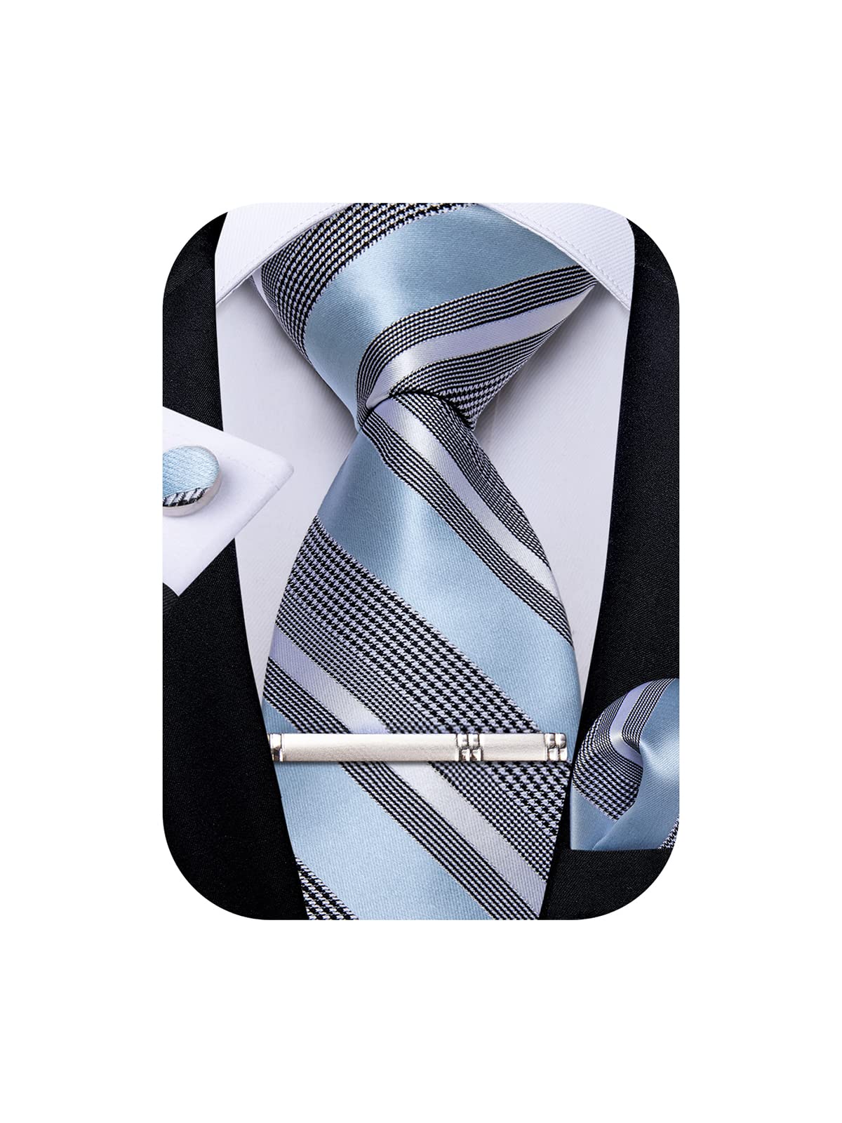 Mens Striped Tie Silk Woven Necktie and Pocket Square Cufflinks Tie Clip Set Wedding Business Formal Gift Tie for Men