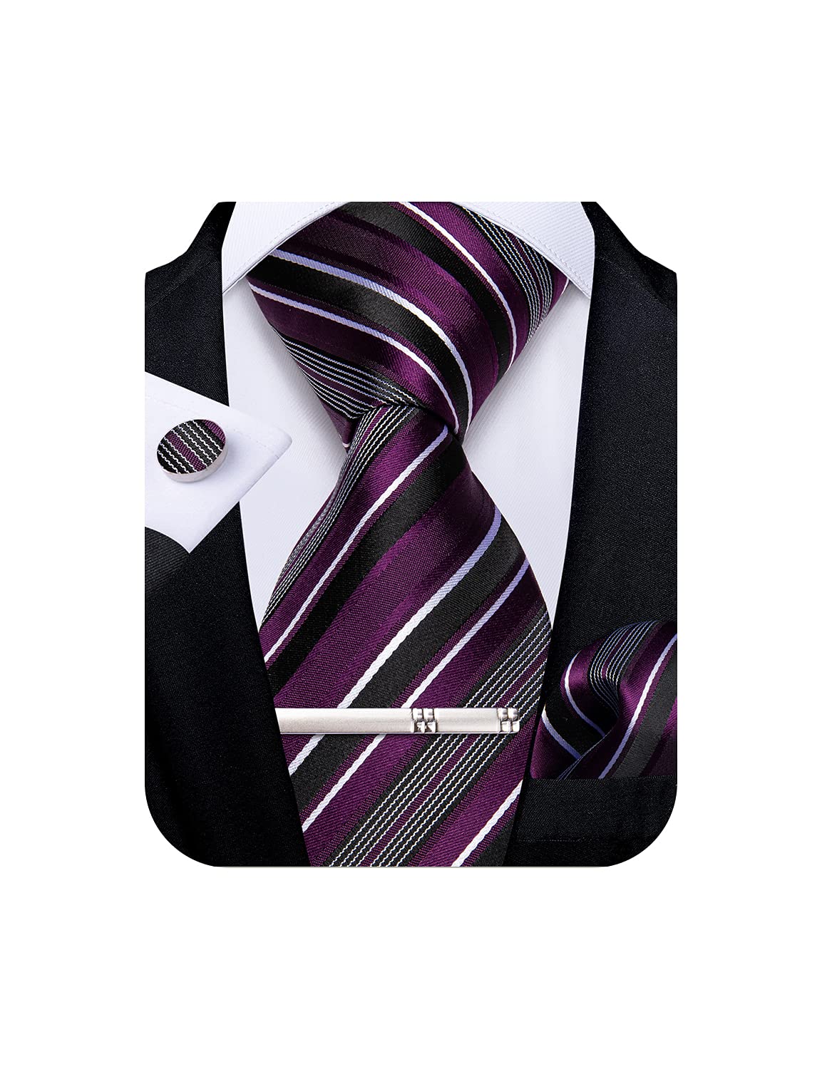 Mens Striped Tie Silk Woven Necktie and Pocket Square Cufflinks Tie Clip Set Wedding Business Formal Gift Tie for Men