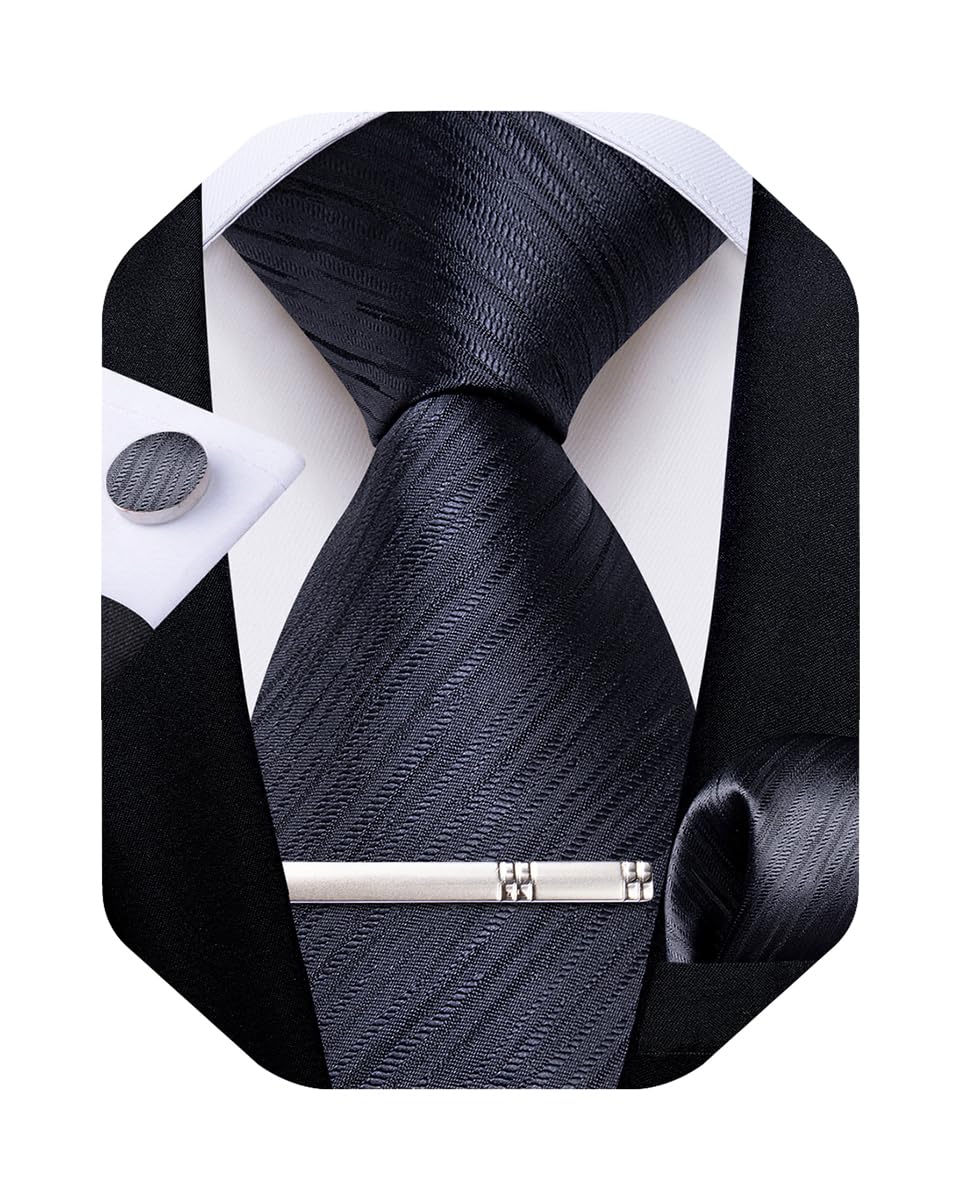 Mens Silk Necktie Solid Color Tie and Pocket Square Cufflink Tie Clip Set Woven Plain Ties for Men Wedding Party