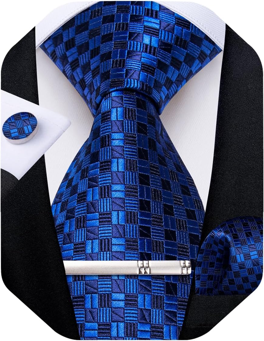 Plaid Ties for Men Silk Checkered Necktie and Pocket Square Cufflinks Tie Clip Set with Gift Box for Wedding Business