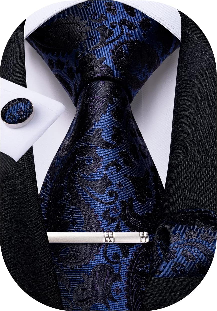 Paisley Ties for Men Silk Necktie and Pocket Square Cufflinks Tie Clip Set Woven Classic Mens Tie for Wedding Party