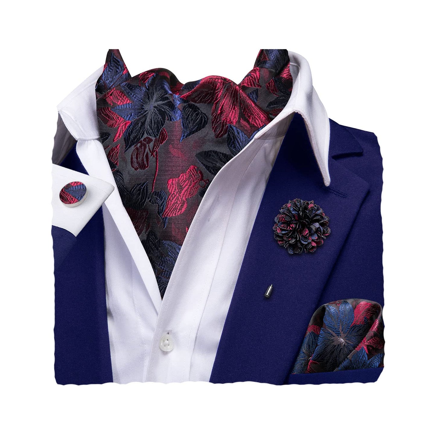 Silk Ascot for Men Self Tie Men's Cravat and Flower Lapel Pin Handkerchief Cufflinks Set for Wedding Party