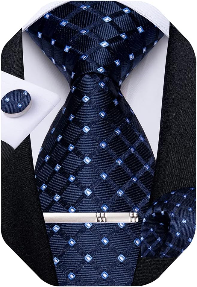 Plaid Ties for Men Silk Checkered Necktie and Pocket Square Cufflinks Tie Clip Set with Gift Box for Wedding Business