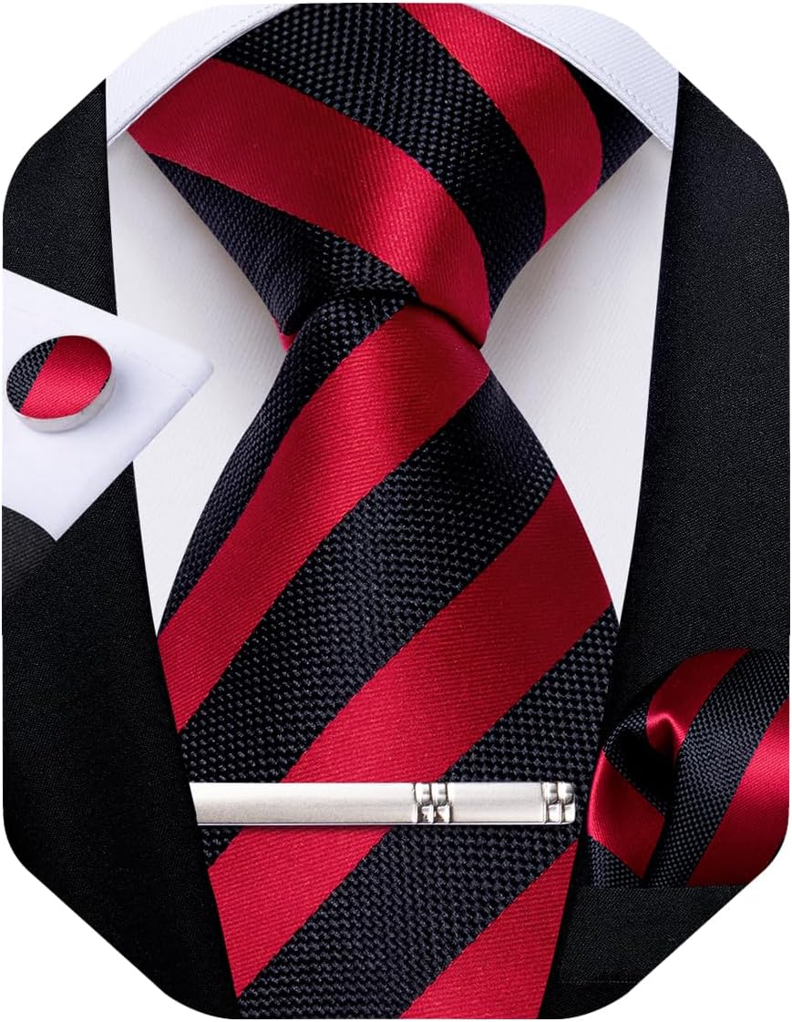 Mens Tie Silk Plaid Striped Necktie and Pocket Square Cufflinks Tie Clip Set with Gift Box Formal Wedding Party